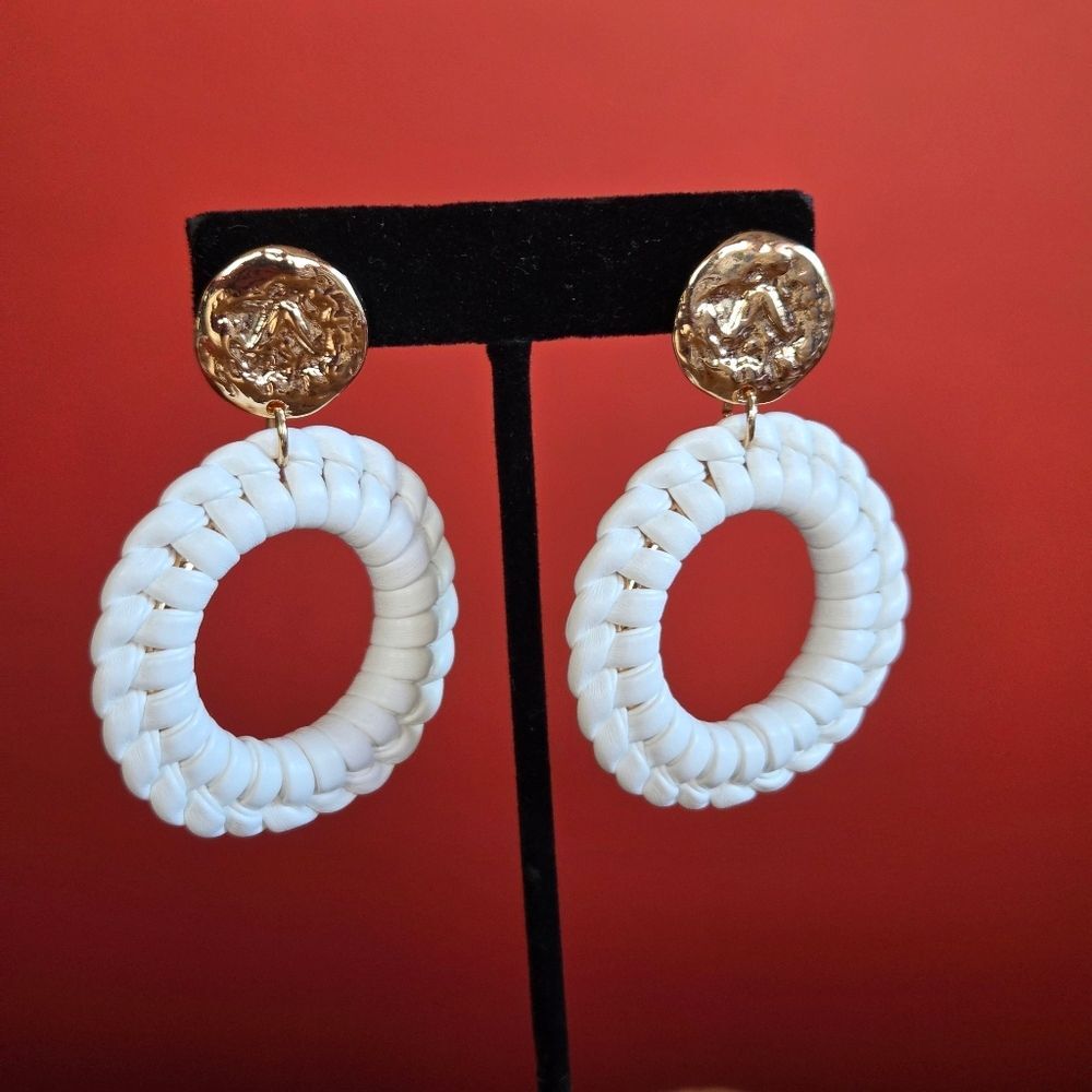 RUSH by Denis & Charles Handmade Gold Tone Wrapped Hoop White Dangle Earrings